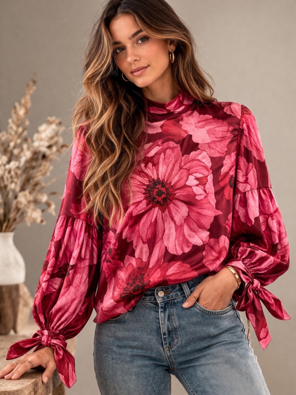Hutch Floral Satin Blouse XS Wine Pink Tie Sleeve Anthropologie Style NWT